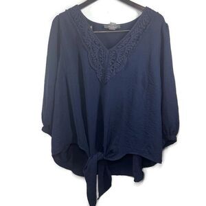 Olivia & Martin blue  v neck tie‎ knot hem women's 3/4 sleeve top 2X